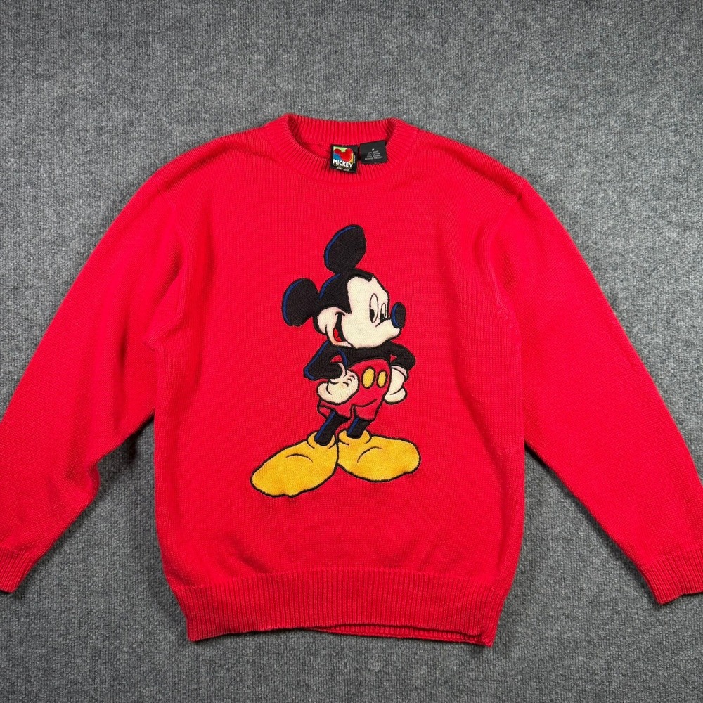 Mickey Unlimited Sweater Unisex Medium Red Vintage 90s Embroidered Mickey Mouse